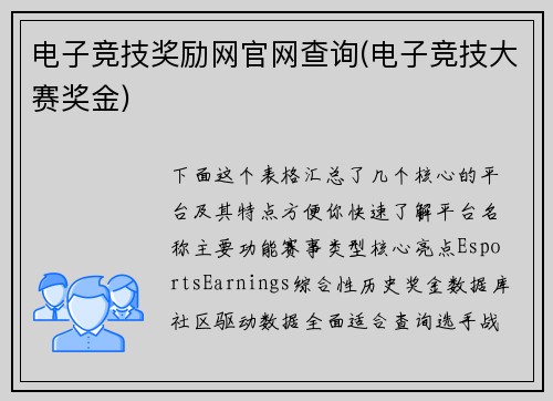 电子竞技奖励网官网查询(电子竞技大赛奖金)